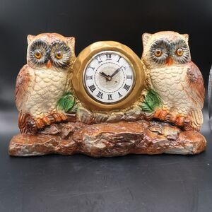 Vintage Large Chalkware Owl Lanshire Mantel Table Clock Works Cottage Core